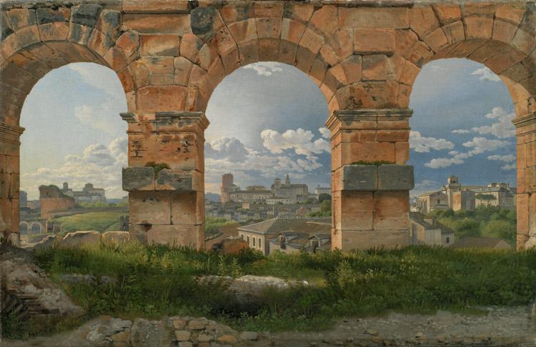 View through three northwest arches of the Colosseum in Rome.Storm gathering over the city (mk09), Christoffer Wilhelm Eckersberg